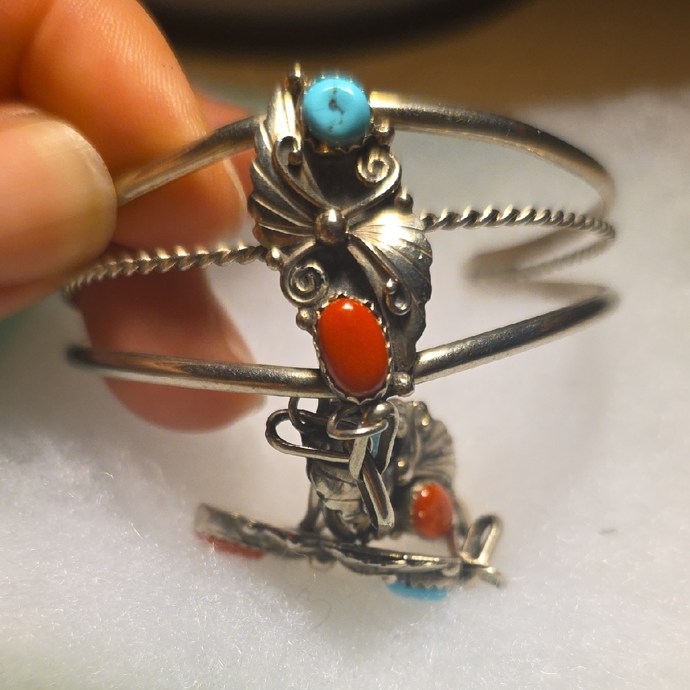 Sterling-Style Hand Chain Bracelet with Turquoise Blue and Coral Red Stones - Picture 4 of 9